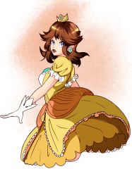 Rule 34 | 1girl, absurdres, blue eyes, breasts, brown hair, crown, dress, earrings, flower earrings, frilled dress, frills, gem, gloves, highres, jewelry, looking at viewer, mario (series), nintendo, open mouth, orange dress, princess daisy, puffy short sleeves, puffy sleeves, short hair, short sleeves, solo, super mario land, tomboy