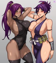 Rule 34 | 2girls, absurdres, alternate breast size, arm strap, armpits, arms behind head, ass, asymmetrical docking, bandaged arm, bandages, black gloves, black leotard, black thighhighs, bleach, breast press, breasts, breasts squeezed together, cleft of venus, collarbone, commentary, covered erect nipples, covered navel, curvy, dark-skinned female, dark skin, elbow gloves, english commentary, gloves, high ponytail, highleg, highleg leotard, highres, japanese clothes, jigokuraku, jmg, large breasts, leotard, light blush, long hair, looking at viewer, multiple girls, paid reward available, ponytail, purple eyes, purple hair, revealing clothes, sash, shihouin yoruichi, shiny skin, short hair, simple background, smile, thighhighs, white sash, wide hips, yellow eyes, yuzuriha (jigokuraku)