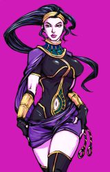 Rule 34 | 1girl, bracer, breasts, circlet, clothing cutout, commentary request, cosplay, fingerless gloves, gloves, hagoromo, hair slicked back, lips, long hair, looking to the side, menat, menat (cosplay), navel, navel cutout, purple background, purple hair, rose (street fighter), shawl, simple background, single hair intake, solo, stirrup legwear, street fighter, street fighter v, thighhighs, thighs, tobaccostar, toeless legwear