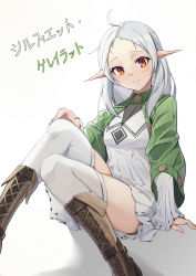Rule 34 | 1girl, absurdres, ahoge, arm support, belt boots, black undershirt, blush, boots, brown footwear, buttons, cape, capelet, collar, cross-laced footwear, dress, elf, flat chest, forehead, green capelet, hand on own knee, highres, katakana, knee boots, knees together feet apart, knees up, lace-up boots, long sleeves, looking at viewer, medium hair, mushoku tensei, pointy ears, puffy sleeves, raised eyebrows, red eyes, shadow, short dress, shorts, simple background, sitting, smile, solo, spoilers, suye, sylphiette (mushoku tensei), thighhighs, thighs, white background, white dress, white hair, white thighhighs