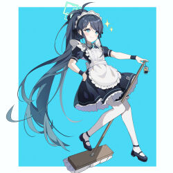 Rule 34 | 1girl, aris (blue archive), aris (maid) (blue archive), black footwear, black hair, blue archive, blue background, blue eyes, blue hair, broom, closed mouth, commentary, full body, gradient hair, halo, highres, holding, holding broom, hoshiko (419401x), long hair, looking at viewer, maid, maid headdress, multicolored hair, official alternate costume, open mouth, pantyhose, ponytail, puffy short sleeves, puffy sleeves, shoes, short sleeves, smile, solo, two-tone background, very long hair, white background, white pantyhose