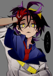 Rule 34 | 1boy, arm up, black hair, blue shirt, collared shirt, commentary request, creatures (company), fangs, game freak, gloves, grey background, hair between eyes, hairband, highres, jacket, kieran (pokemon), kyouka. (kyouka), looking at viewer, male focus, mole, mole on neck, necktie, nintendo, open mouth, pokemon, pokemon sv, red gloves, red necktie, shaded face, shirt, short hair, solo, speech bubble, translation request, white jacket, yellow eyes, yellow hairband
