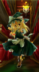 Rule 34 | 1girl, blonde hair, bookshelf, boots, bow, brown eyes, candelabra, candlestand, female focus, hair bow, hand on headwear, hat, honokan, kirisame marisa, library, solo, staring, touhou, witch hat