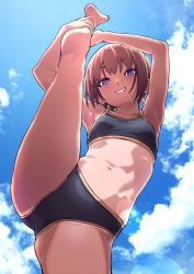 Rule 34 | 1girl, armpits, barefoot, bikini, black bikini, blush, breasts, brown hair, cloud, commentary, day, foreshortening, from below, glowing, glowing eyes, grin, hand on own leg, highres, kneepits, looking at viewer, looking down, midriff, navel, original, purple eyes, short hair, sky, small breasts, smile, smug, solo, split, sports bikini, standing, standing on one leg, standing split, swimsuit, tan, tanline, v-shaped eyebrows, wang-pac