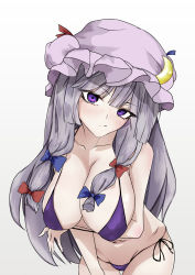 Rule 34 | 1girl, alternate costume, arm under breasts, bare shoulders, bikini, blunt bangs, blunt tresses, bow, breasts, cowboy shot, crescent, crescent hat ornament, hair bow, hair ribbon, hat, hat ornament, highres, large breasts, leaning forward, long hair, looking at viewer, mob cap, navel, ohkey now, patchouli knowledge, purple eyes, purple hair, ribbon, simple background, solo, swimsuit, touhou, tress ribbon, very long hair, white background