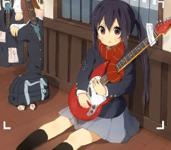 Rule 34 | 2girls, bag, black hair, brown eyes, guitar, instrument, k-on!, long hair, multiple girls, nakano azusa, nasuna, revision, scarf, school uniform, solo focus, striped clothes, striped scarf, twintails