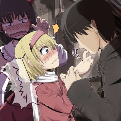 Rule 34 | 1boy, 2girls, alice margatroid, alternate costume, black hair, blonde hair, blue eyes, blush, bow, contemporary, couple, detached sleeves, faceless, faceless male, finger in mouth, finger sucking, hair bow, hairband, hakurei reimu, hetero, multiple girls, open mouth, perfect cherry blossom, ruku (alicecreation), scarf, short hair, touhou
