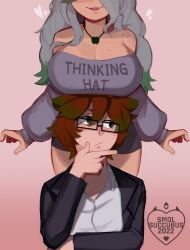 Rule 34 | 1boy, 1girl, 2022, absurdres, bare shoulders, black jacket, borrowed character, breast rest, breasts, breasts on head, brown hair, cleavage, commentary, commission, english commentary, facial hair, glasses, goatee, green hair, grey hair, hand on own chin, heart, highres, jacket, large breasts, multicolored hair, necktie, off-shoulder sweater, off shoulder, original, smile, smol succubus, sweater, thinking, two-tone hair, watermark