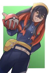 Rule 34 | 1girl, aritsune01, belt, belt buckle, black hair, blue jacket, blue pants, border, buckle, buttons, carmine (pokemon), commentary request, creatures (company), crossed bangs, eyelashes, fanny pack, game freak, gloves, green background, grin, hair between eyes, hairband, highres, holding, holding poke ball, jacket, long hair, long sleeves, looking down, multicolored hair, nintendo, outside border, pants, poke ball, poke ball (basic), pokemon, pokemon sv, red gloves, smile, solo, teeth, two-tone hair, white belt, white border, yellow bag, yellow eyes, yellow hairband, zipper pull tab