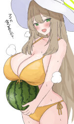 Rule 34 | :d, bikini, blonde hair, blue archive, blush, breasts, food, fruit, green eyes, hat, highres, huge breasts, long hair, nonomi (blue archive), nonomi (swimsuit) (blue archive), open mouth, side-tie bikini bottom, simple background, smile, steam, steaming body, sun hat, sweat, swimsuit, tsumayouji (tumayog), watermelon, white background