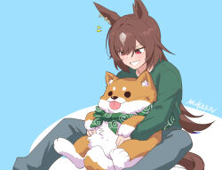 Rule 34 | 1girl, alternate costume, animal, animal ear fluff, animal ears, artist name, bandana, blush, brown hair, commentary request, dog, ear ornament, feet out of frame, green bandana, green sweater, grin, hair between eyes, highres, holding, holding animal, horse ears, horse girl, horse tail, light blue background, long sleeves, mukakin, multicolored hair, red eyes, shiba inu, simple background, sirius symboli (umamusume), smile, solo, streaked hair, sweater, tail, two-tone background, umamusume, white background, white hair