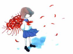 Rule 34 | 1girl, arms behind back, black footwear, blue sailor collar, blue skirt, brown hair, commentary, flower, full body, holding, holding flower, long sleeves, looking at viewer, mini person, minigirl, neckerchief, original, petals, pleated skirt, red flower, red neckerchief, sailor collar, sailor shirt, school uniform, serafuku, shadow, shirt, shoes, short hair, simple background, skirt, socks, solo, spider lily, standing, tokunaga aoi, traditional media, white background, white shirt, white socks, wind