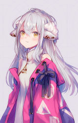 Rule 34 | 1girl, animal ears, bare shoulders, blush, breasts, closed mouth, dress, ear piercing, grey background, hair between eyes, highres, jacket, long hair, long sleeves, looking at viewer, makihitsuji, off shoulder, open clothes, open jacket, original, piercing, pink jacket, silver hair, sleeveless, sleeveless dress, small breasts, solo, upper body, very long hair, white dress, yellow eyes