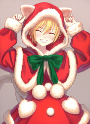 1girl animal_ears arms_up blonde_hair bow bowtie christmas coat commentary_request facing_viewer fake_animal_ears fake_tail fur-trimmed_coat fur_trim green_bow green_bowtie grey_background grin highres idolmaster idolmaster_shiny_colors light_blush long_sleeves nekopuchi pom_pom_(clothes) red_hood saijo_juri santa_costume short_hair simple_background smile solo tail upper_body