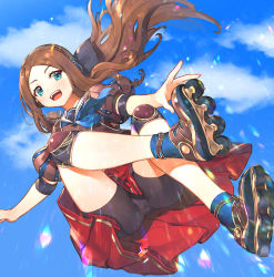 Rule 34 | 1girl, black shorts, blue eyes, blue sky, blush, brown hair, commentary request, day, dress, fate/grand order, fate (series), hair ornament, hairband, inline skates, kotoribako, leonardo da vinci (active sailor) (fate), leonardo da vinci (rider) (fate), long hair, looking at viewer, outdoors, parted bangs, roller skates, short shorts, shorts, skates, sky, solo, tagme