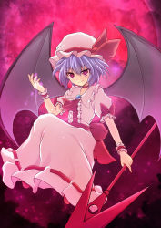 Rule 34 | &gt;:), 1girl, ascot, bat wings, blue gemstone, bow, brooch, buttons, center frills, choker, closed mouth, collar, collarbone, cross (crossryou), dress, embodiment of scarlet devil, eyebrows, frilled collar, frilled shirt collar, frills, full body, gem, hair between eyes, hat, hat bow, holding, holding polearm, holding spear, holding weapon, jewelry, magic, mob cap, moon, outdoors, pink dress, polearm, puffy short sleeves, puffy sleeves, purple hair, red bow, red footwear, red moon, remilia scarlet, shoes, short hair, short sleeves, smirk, solo, sparkle, spear, spear the gungnir, touhou, tsurime, v-shaped eyebrows, vampire, weapon, wings, wrist cuffs