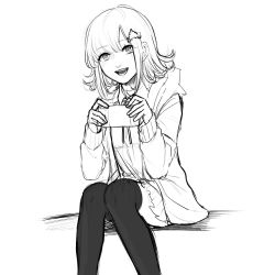 Rule 34 | 1girl, :d, collared shirt, commentary request, danganronpa (series), danganronpa 2: goodbye despair, feet out of frame, greyscale, hair ornament, hairclip, handheld game console, holding, holding handheld game console, hood, hood down, jacket, looking at viewer, maroro (981tomo), medium hair, monochrome, nanami chiaki, open clothes, open jacket, open mouth, pleated skirt, shirt, simple background, sitting, sketch, skirt, smile, solo, spaceship hair ornament, thighhighs, white background