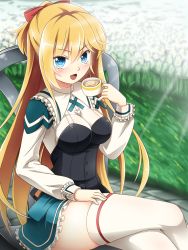 Rule 34 | 1girl, :d, absolute duo, blonde hair, blue eyes, blush, bow, breasts, chair, crossed legs, cup, flower, grass, hair bow, hair ribbon, highres, khnchak, lilith bristol, long hair, looking at viewer, medium breasts, open mouth, red bow, ribbon, sitting, smile, solo, thighhighs, white thighhighs, zettai ryouiki