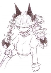 1girl :p animal_ears bow braid cat_ears dress extra_ears fangs greyscale hair_bow hair_over_eyes juliet_sleeves kaenbyou_rin long_bangs long_hair long_sleeves looking_at_viewer monochrome pointy_ears puffy_sleeves ribbon sketch skin_fangs smile solo sotto tongue tongue_out touhou traditional_media twin_braids