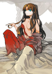 Rule 34 | 1girl, blanket, blue eyes, bra, breasts, brown hair, censored, convenient censoring, fate/stay night, fate (series), female focus, hair down, highres, lamian (pixiv415608), large breasts, long hair, solo, tohsaka rin, topless, underwear