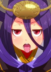 Rule 34 | 1girl, blazblue, diabolic-mario, hades izanami, hair ornament, highres, looking at viewer, mikado (blazblue), open mouth, purple hair, red eyes, tongue, tongue out