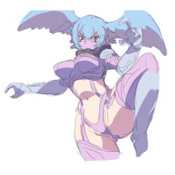 Rule 34 | 1girl, armor, ass, curvy, digimon, digimon (creature), harpy, head wings, highres, looking at viewer, mask, monster girl, short hair, shutumon, thong, wide hips, wings