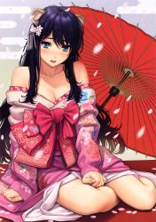 Rule 34 | 1girl, :d, absurdres, animal ears, bare shoulders, black hair, blue eyes, blush, breasts, cleavage, collarbone, egasumi, fingernails, floral print, hair ornament, highres, homunculus (alchemynote), japanese clothes, kimono, looking at viewer, oil-paper umbrella, open mouth, original, parted lips, petals, sitting, sleeves past wrists, smile, solo, umbrella, yokozuwari