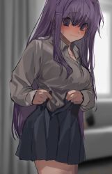 Rule 34 | 1girl, blurry, blurry background, blush, collared shirt, doki doki literature club, eyebrows hidden by hair, facing to the side, hair ornament, hairpin, long hair, looking to the side, ltze6, nervous, open clothes, open skirt, purple eyes, purple hair, shirt, skirt, skirt hold, solo, sweat, yuri (doki doki literature club)