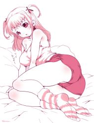 Rule 34 | 1girl, ass, bare shoulders, bed, blush, breasts, cameltoe, camisole, copyright request, covered erect nipples, feet, highres, long hair, looking at viewer, lying, medium breasts, monochrome, no shoes, on side, open mouth, short twintails, shorts, socks, soles, solo, striped clothes, striped socks, toes, twintails