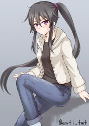 Rule 34 | 10s, 1girl, anti (untea9), black hair, black shirt, blue background, blue pants, blush, casual, denim, eyebrows, frown, hair between eyes, hair ornament, hand on own knee, highres, hood, hood down, hoodie, jeans, kantai collection, long hair, long sleeves, looking at viewer, open clothes, open shirt, pants, ponytail, purple eyes, shirt, sidelocks, simple background, solo, sweat, twitter username, very long hair, yahagi (kancolle)