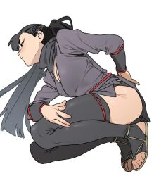 Rule 34 | 1girl, black eyes, black hair, black thighhighs, character request, closed mouth, commentary request, dungeon meshi, full body, ju neng binggui, long hair, long sleeves, looking to the side, ponytail, sandals, simple background, solo, thighhighs, toeless legwear, white background