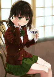 Rule 34 | 1girl, absurdres, blouse, blunt bangs, bow, bowtie, breasts, brown hair, buttons, chair, closed mouth, collared shirt, cup, day, from side, green bow, green bowtie, green eyes, green skirt, tucking hair, hand to head, hands up, highres, holding, holding cup, indoors, jacket, long sleeves, miniskirt, original, pleated skirt, red jacket, school uniform, shirt, short hair, sitting, skirt, solo, steam, teacup, unasaka ryou, white shirt, window