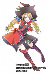 Rule 34 | 1girl, bike shorts, black gloves, blonde hair, blue eyes, dated, dress, earrings, full body, gloves, hat, jewelry, kageshitario, long hair, looking at viewer, myriam (saga), open mouth, romancing saga minstrel song, saga, simple background, smile, solo, twintails, white background