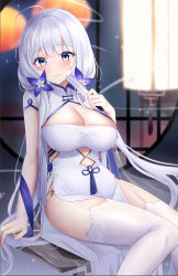 Rule 34 | 1girl, azur lane, blue eyes, blurry, blush, breasts, china dress, chinese clothes, cleavage, closed mouth, depth of field, dress, garter straps, hair ornament, highres, illustrious (azur lane), illustrious (maiden lily&#039;s radiance) (azur lane), jyu-so, large breasts, long hair, looking at viewer, mole, mole under eye, official alternate costume, revision, short sleeves, side slit, sitting, smile, solo, thighhighs, thighs, white dress, white hair, white thighhighs