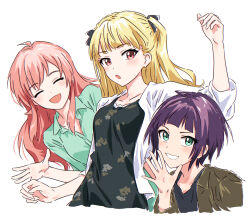 3girls :d :o ^_^ ahoge arm_up black_dress black_shirt blonde_hair breasts brown_jacket bullfalk character_request closed_eyes collarbone collared_shirt copyright_request dress dress_shirt green_eyes green_shirt grin hand_up highres jacket long_hair looking_at_viewer medium_breasts multiple_girls open_clothes open_hand open_jacket open_mouth pink_hair purple_hair red_eyes shirt short_hair sidelocks simple_background smile two_side_up white_background white_jacket