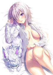 Rule 34 | 1girl, bad id, bad pixiv id, blouse, blush, bottomless, breasts, breasts apart, convenient leg, fate/grand order, fate (series), fou (fate), hair over one eye, heirou, large breasts, long sleeves, lying, mash kyrielight, naked shirt, navel, no bra, on back, open clothes, open mouth, open shirt, purple eyes, purple hair, shirt, short hair, smile, solo, white shirt