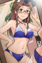 3girls, absurdres, bespectacled, bikini, bow, brown eyes, brown hair, commentary request, cowboy shot, glasses, green-framed eyewear, green bow, hair bow, hair intakes, half updo, hamu agaki, highres, houston (kancolle), jintsuu (kancolle), kantai collection, long hair, looking at mirror, mirror, multiple girls, naka (kancolle), purple bikini, reflection, sendai (kancolle), solo focus, swimsuit, visor cap
