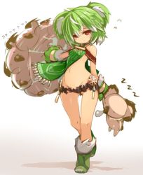 Rule 34 | 1girl, animal ears, bare shoulders, breasts, character request, gloves, green hair, groin, karukan (monjya), last period, looking at viewer, midriff, navel, red eyes, short hair, simple background, solo, white background