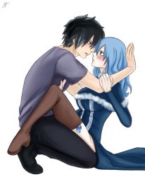 Rule 34 | 1boy, 1girl, black hair, blue hair, blush, boots, breasts, fairy tail, gray fullbuster, highres, juvia lockser, large breasts, long hair, thigh boots, thighhighs