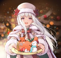 Rule 34 | 1girl, :d, absurdres, cape, commentary, da-cart, dress, fire emblem, fire emblem: three houses, fire emblem heroes, flower, fur-trimmed cape, fur-trimmed sleeves, fur trim, hat, hat flower, highres, holding, holding plate, long hair, looking at viewer, lysithea von ordelia, nintendo, official alternate costume, open mouth, pink eyes, plate, red flower, silver hair, smile, snowman, solo, upper body, very long hair, white dress, white hat, yule log (cake)