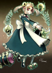 Rule 34 | 1girl, apron, black footwear, black nails, bloody marie (skullgirls), bone, closed mouth, flat chest, floating, furrowed brow, hair ornament, long sleeves, looking at viewer, maid, maid headdress, nail polish, outstretched arms, red eyes, shoes, signature, skull, skull hair ornament, skullgirls, sleeve cuffs, standing, standing on one leg, tatsumi, twintails, vacuum cleaner