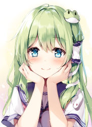 Rule 34 | 1girl, alternate costume, beige background, blue eyes, blue sailor collar, blush, commentary request, contemporary, frog hair ornament, gradient background, green hair, hair ornament, hair tubes, hands up, kochiya sanae, long hair, looking at viewer, miyase mahiro, purple background, sailor collar, school uniform, serafuku, shirt, short sleeves, smile, snake hair ornament, solo, touhou, upper body, white background, white shirt