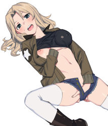 Rule 34 | 1girl, black tank top, blonde hair, bomber jacket, boots, breasts, clothes lift, covered erect nipples, denim, denim shorts, female masturbation, fingering, girls und panzer, grabbing, grabbing another&#039;s breast, grabbing own breast, hand under clothes, highres, jacket, kay (girls und panzer), long hair, looking at viewer, lying, masturbation, masturbation through clothes, midriff, navel, nipples, no bra, on back, one breast out, onsen tamago (hs egg), shirt lift, shorts, solo, tank top, thighhighs, white thighhighs