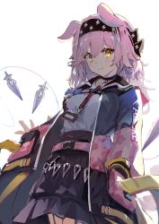 Rule 34 | 1girl, animal ears, arknights, black choker, black hairband, black skirt, blue bow, blush, bow, braid, breasts, cat ears, choker, closed mouth, cowboy shot, floating, floating object, garter straps, goldenglow (arknights), hair between eyes, hair bow, hairband, high-waist skirt, highres, id card, jacket, lightning bolt print, long sleeves, looking at viewer, medium breasts, multicolored clothes, multicolored jacket, open clothes, open jacket, scissors, side braid, simple background, sinsou 11, skirt, solo, white background, yellow eyes
