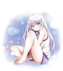 Rule 34 | 1girl, :p, absurdres, ass, bare shoulders, barefoot, blue eyes, highres, kojima takeshi, long hair, original, panties, purple eyes, purple panties, sleeveless, smile, solo, striped clothes, striped panties, tongue, tongue out, underwear, very long hair