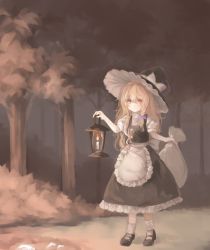 Rule 34 | 1girl, apron, black footwear, black hat, black skirt, black vest, blonde hair, bow, braid, buttons, candle, closed mouth, commentary request, fire, forest, frilled apron, frilled skirt, frills, full body, hair bow, hat, hat bow, highres, holding, holding lantern, kirisame marisa, kizitora hato, lantern, long hair, mary janes, nature, orange eyes, outdoors, puffy short sleeves, puffy sleeves, purple bow, sack, shirt, shoes, short sleeves, skirt, socks, solo, touhou, tree, vest, waist apron, white apron, white bow, white shirt, white socks, witch hat