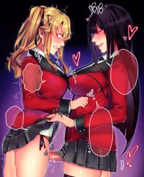 Rule 34 | 1futa, 1girl, amcgss, asymmetrical docking, black hair, black legwear, blazer, blonde hair, blunt bangs, blush, breast press, breasts, censored, clenched teeth, clothes grab, clothes lift, evil smile, from side, futa with female, futanari, heart, hime cut, imminent rape, jabami yumeko, jacket, jacket grab, kakegurui, large breasts, long hair, looking down, m c escher, medium breasts, mosaic censoring, multiple girls, necktie, nose blush, panties, penis, pleated skirt, red eyes, red jacket, saotome mary, scared, school uniform, side-tie panties, skirt, skirt lift, smile, speech bubble, tears, teeth, thighhighs, thighs, translated, trembling, two side up, uncensored, underwear, very long hair, zettai ryouiki