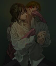 Rule 34 | abuse, apron, at knifepoint, bags under eyes, black hair, blonde hair, blood, blood on face, bound, bound wrists, coooga, covering another&#039;s mouth, crying, crying with eyes open, duct tape, eunseo (killing stalking), glitch, gloves, grey background, hetero, highres, incest, killing stalking, kiss, kissing neck, kitchen knife, long sleeves, looking at another, mole beside mouth, mother and son, nosebleed, oh sangwoo, pink gloves, red apron, red lips, rubber gloves, shirt, tears, undercut, wet, wet clothes, wet shirt, white shirt