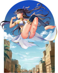 Rule 34 | 1girl, alle gro, asymmetrical legwear, asymmetrical sleeves, bare shoulders, barefoot, black hair, black ribbon, city, crown, day, earrings, elbow gloves, fate/grand order, fate (series), feet, floating, gloves, hair ribbon, hoop earrings, ishtar (fate), ishtar (fate), jewelry, levitation, looking away, neck ring, red eyes, ribbon, single elbow glove, single thighhigh, sky, soles, solo, thighhighs, toeless legwear, toes, twintails, uneven legwear, uneven sleeves