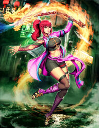 Rule 34 | 1girl, breasts, dragon, female focus, fingerless gloves, full body, genzoman, gloves, killer instinct, kim wu, large breasts, long hair, midriff, navel, nunchaku, ponytail, red hair, sandals, single glove, solo, tattoo, thighhighs, toes, weapon